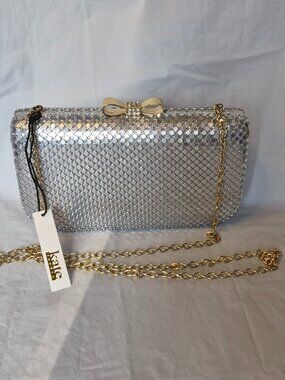 NWT Kate Landry Silver Mesh Clamshell Evening Bag Purse